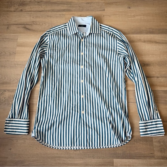 Ted Baker Archive teal green / blue & white striped French cuff dress shirt - 16 - Picture 4 of 7